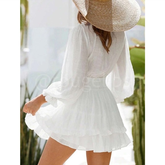White Boho Mini Dress Frill, Ruffle Hem Shirred Waist Fit & Flare Deep V Neck - Picture 2 of 6